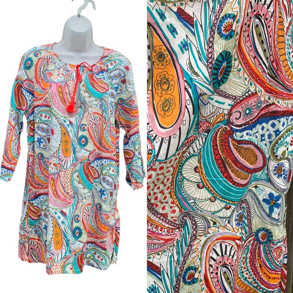 J CREW Women's Sz M Artful Floral‎ Boho Tassel Tie Beach Lightweight Tunic Top